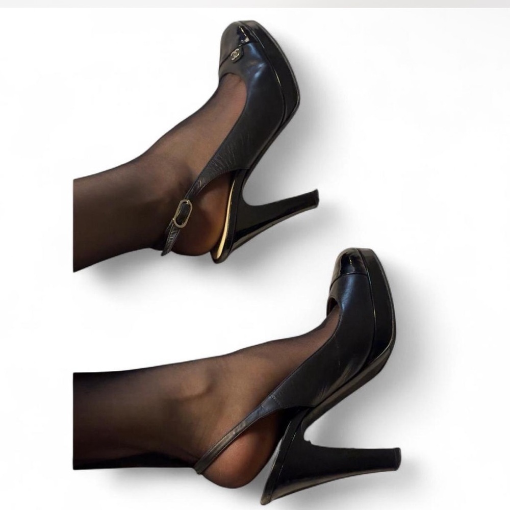 Vintage Chanel Slingback Pumps Black Leather CC Logo - Picture 3 of 8